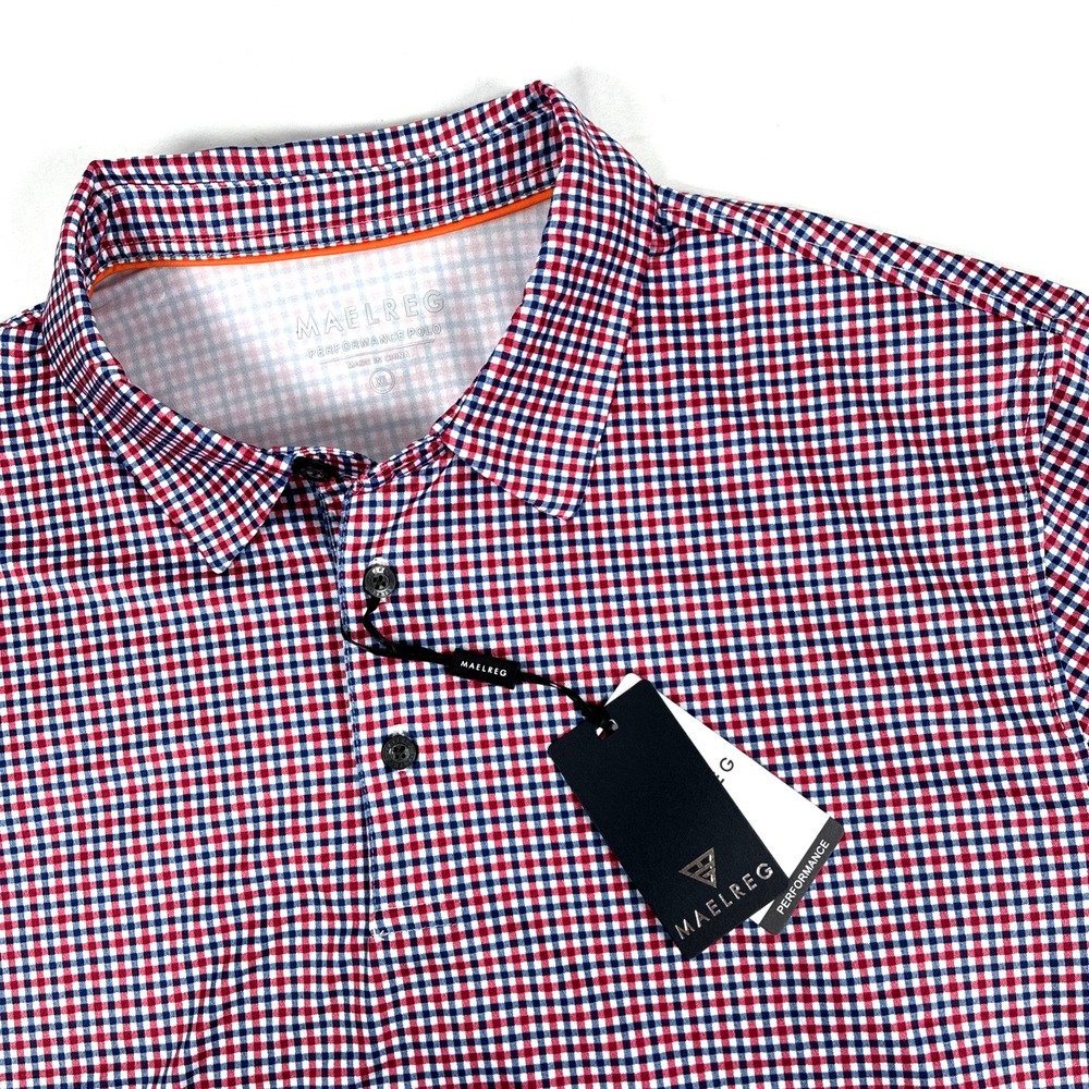 New Mens Maelreg‎ Performance Polo Shirt Size XL Red Blue Gingham Check NWT Golf